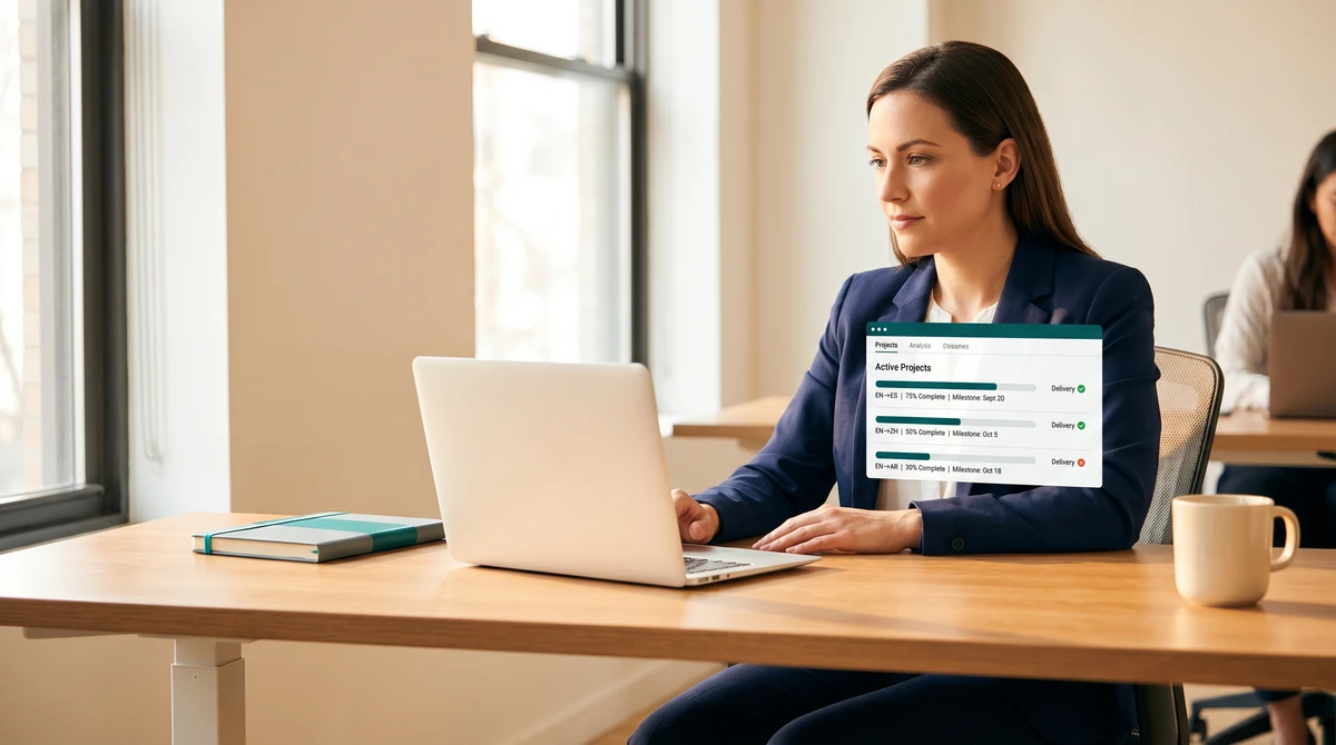 A project manager reviewing a multi-language program in a warm office