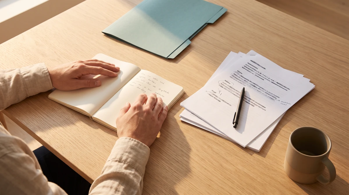 An open notebook and a marked-up printed draft on a desk while a field note is written
