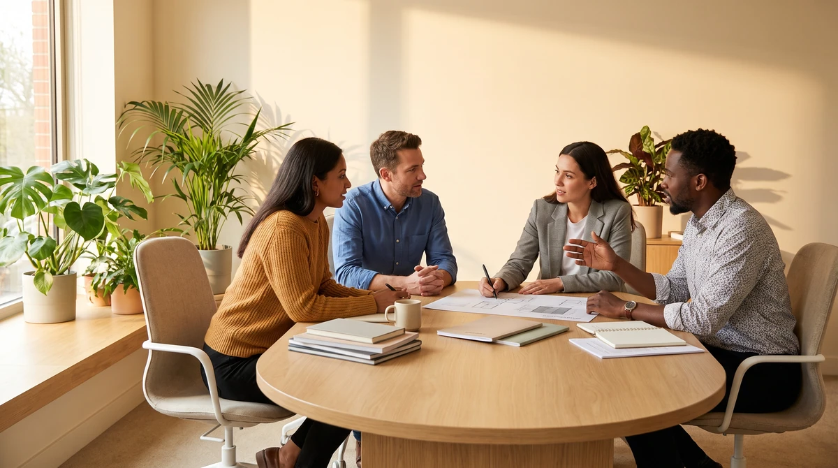 Four colleagues working through a project together around a table in the Dynamic Dialects office