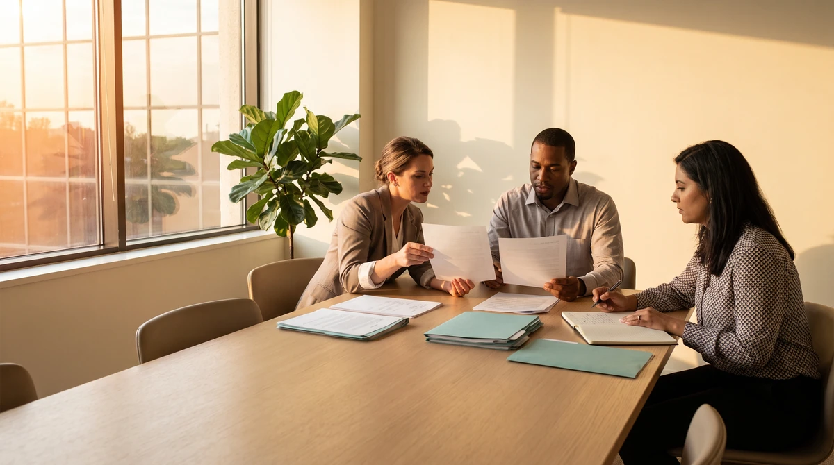 Three colleagues reviewing sector requirement sheets together at a meeting table