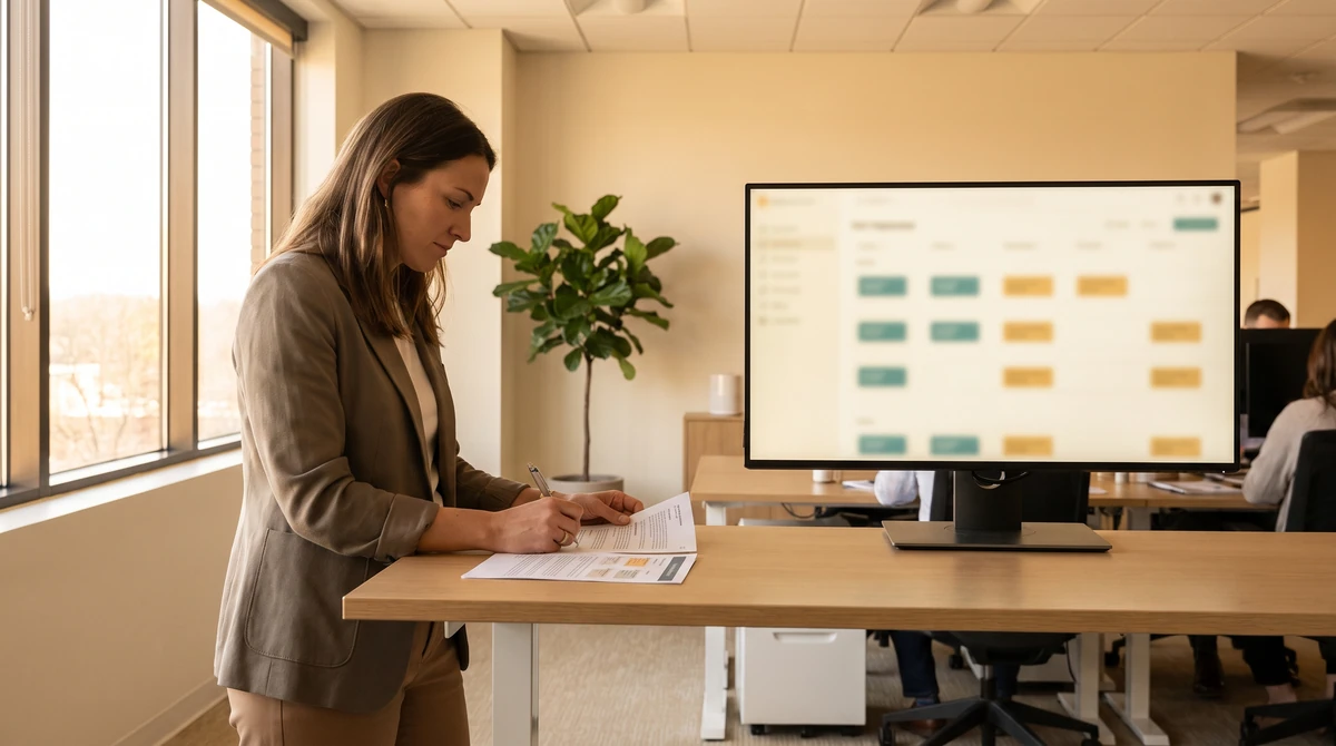 A coverage coordinator checking regional availability against a printed coverage sheet