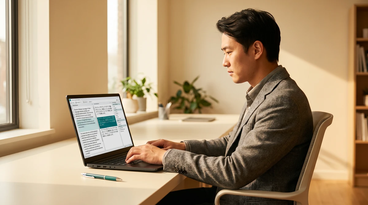 A professional linguist working on Burmese content in a translation tool