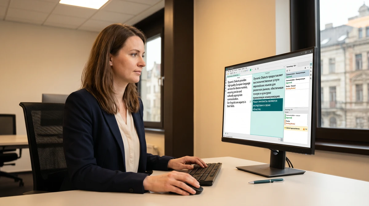 A professional linguist working on Albanian content in a translation tool