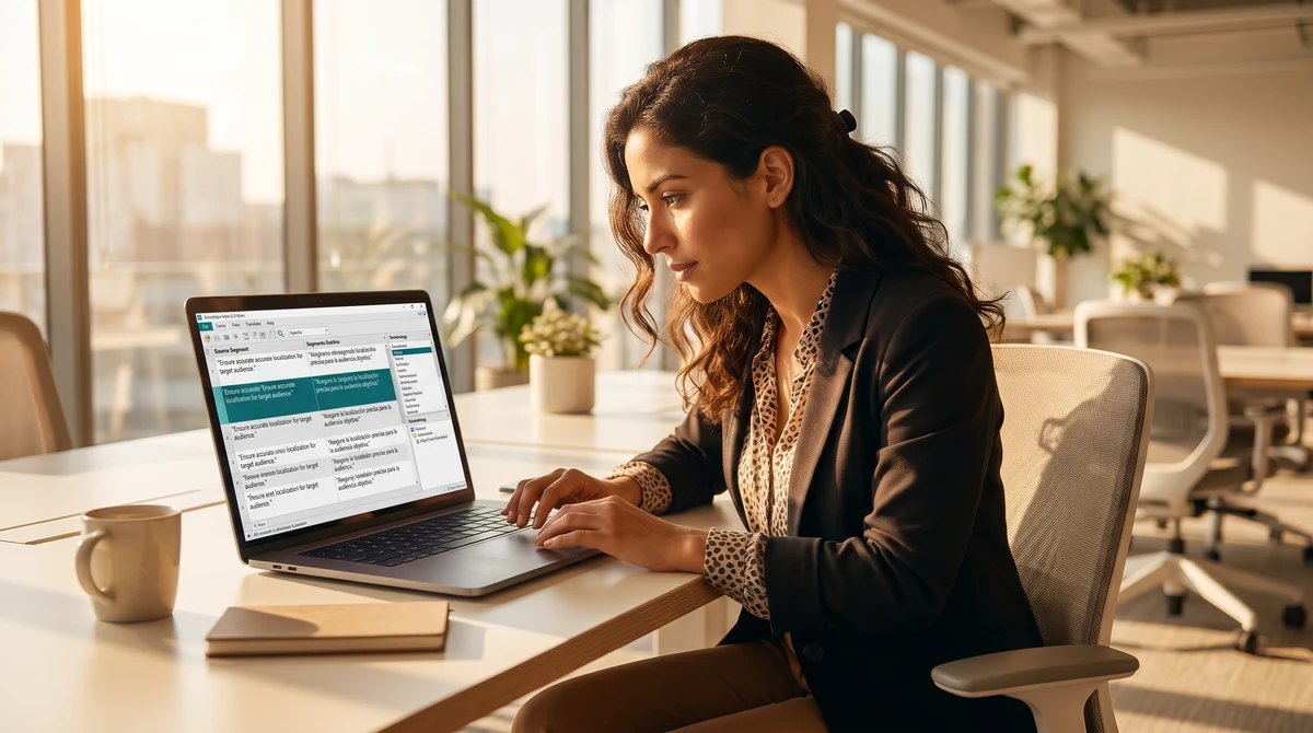 A professional linguist working on Spanish content in a translation tool