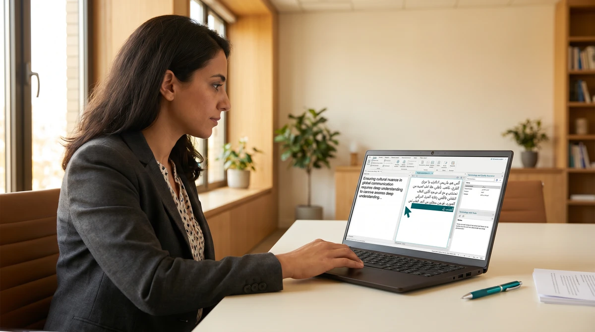 A professional linguist working on Arabic content in a translation tool