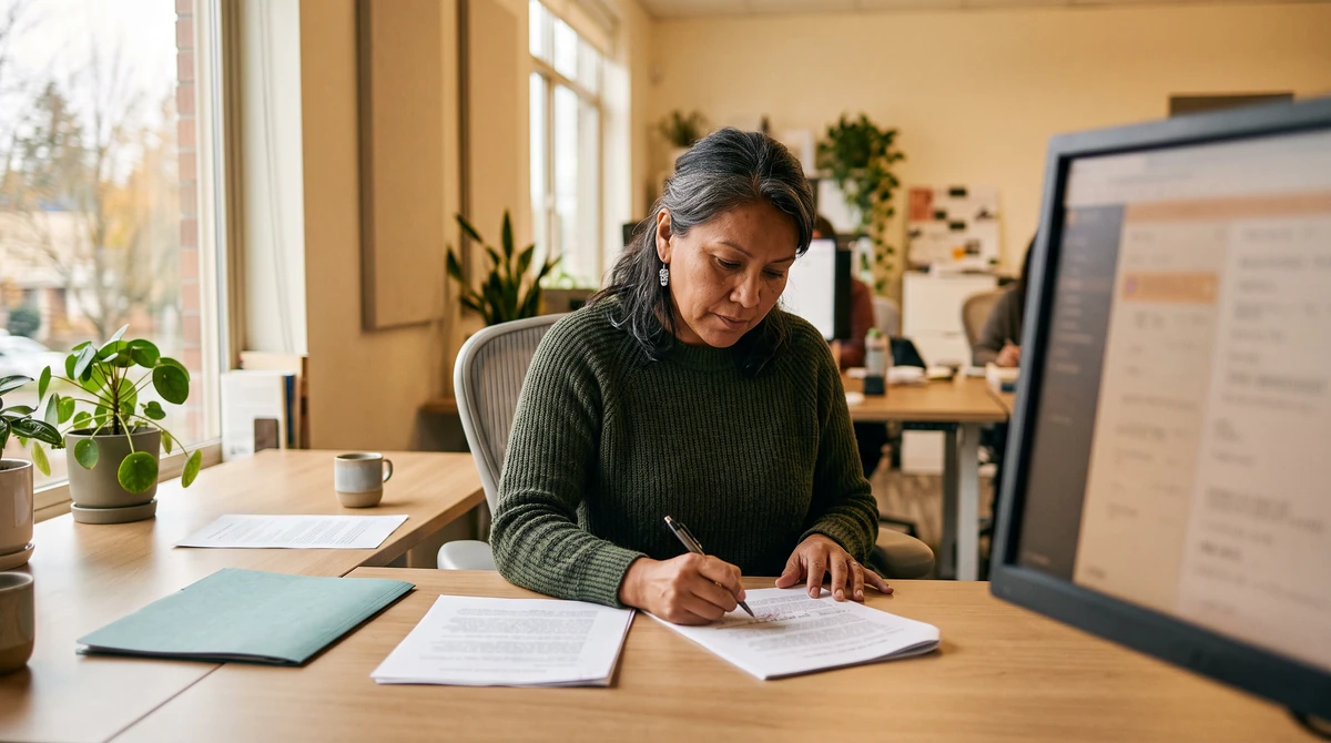 A linguist reviewing North American language project materials at a desk