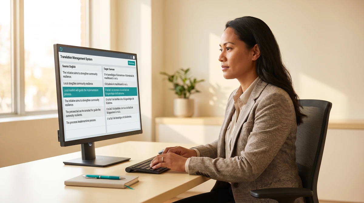 A professional linguist working on Pohnpeian content in a translation tool