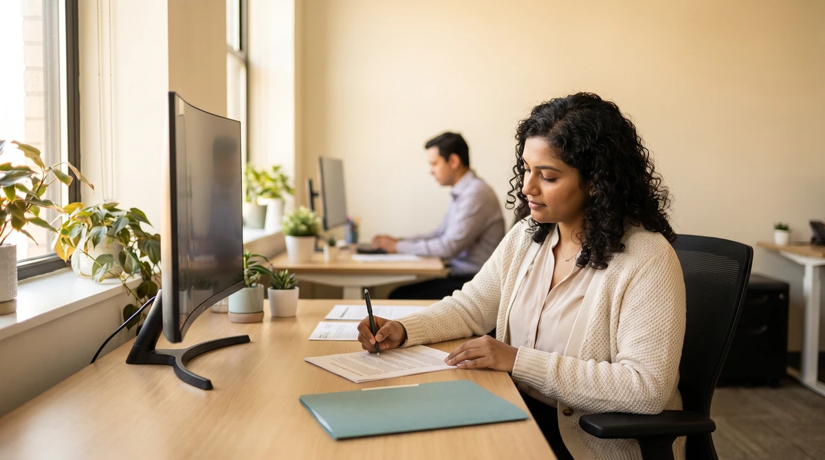 A linguist reviewing South Asian language project materials at a desk