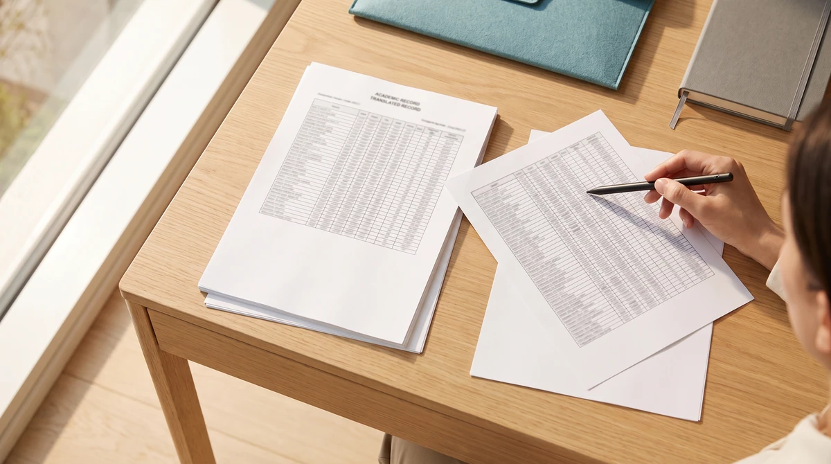 A reviewer following a row across an academic record and its translated counterpart to check grades and course entries