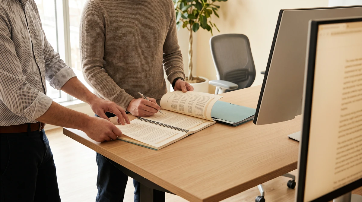 Two annotation specialists working through a printed labelling guideline set before a batch enters production