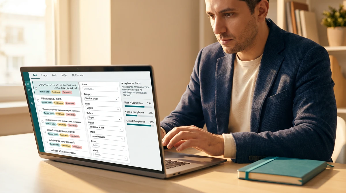 A data engineer at a warm desk, focused on a dataset-build tool on a laptop showing modality tabs, multilingual dataset rows with label tags, label-category dropdowns, and acceptance-criteria progress bars.