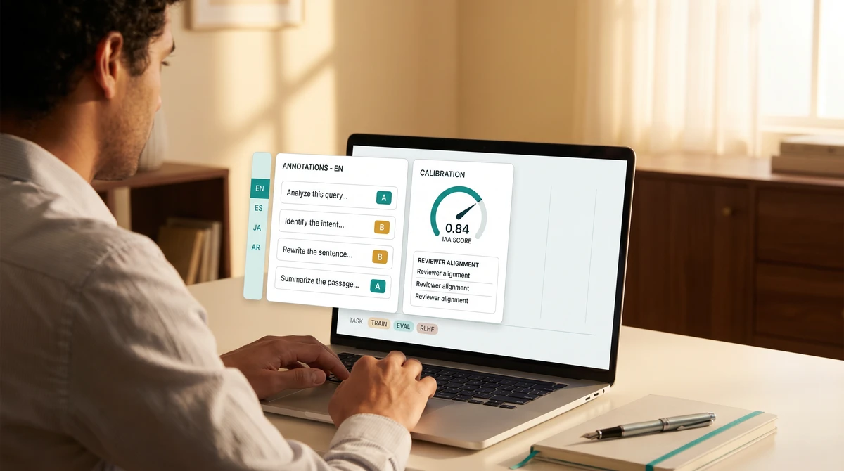 Over-the-shoulder view of a multilingual AI data annotator at a laptop showing an annotation review dashboard with sample rows on the left and an IAA score gauge plus reviewer-alignment list on the right