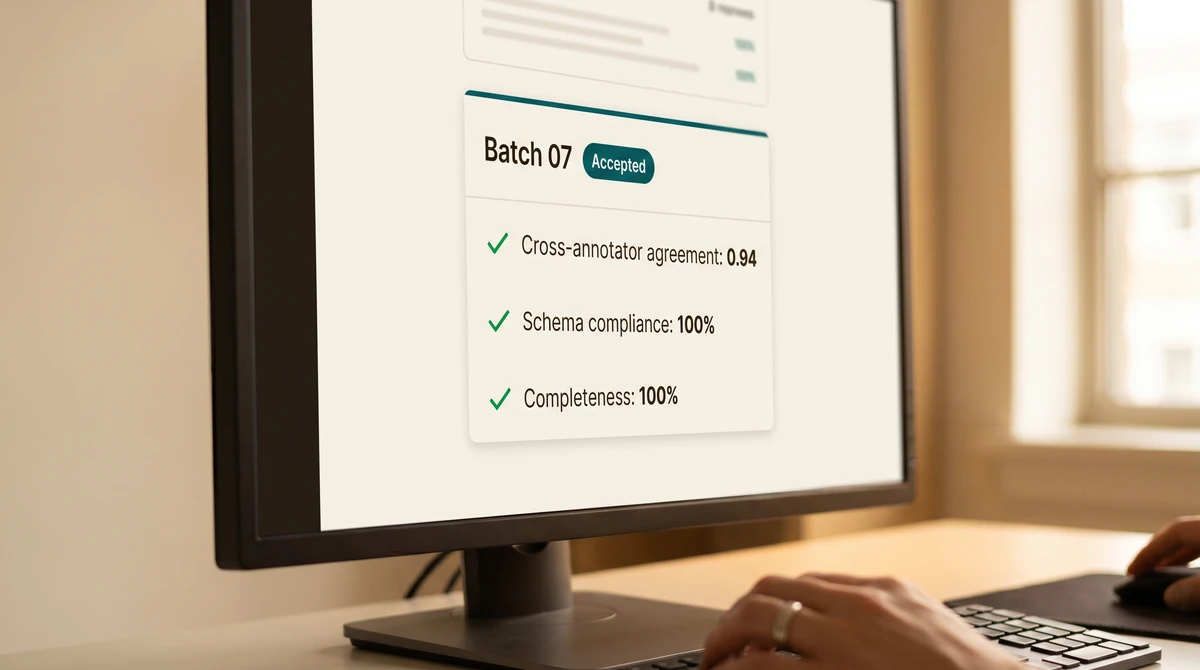 A close-up of a batch quality-metrics card showing cross-annotator agreement, schema compliance, and completeness, with the batch marked accepted