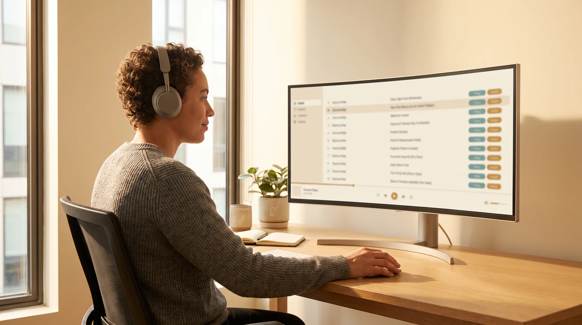 An audio reviewer checking timestamped speaker turns and category tags in a transcript review tool