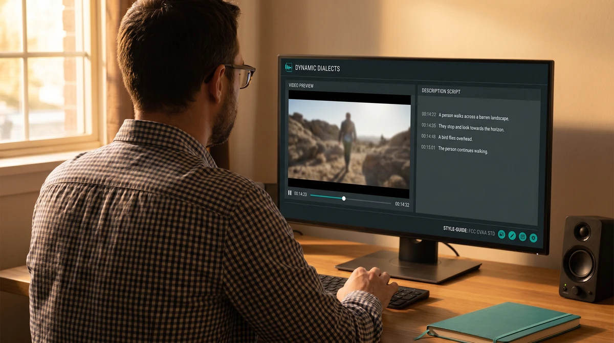 Over-the-shoulder view of an audio describer at a monitor showing a video preview frame on the left and a timestamped audio-description script on the right, with FCC and CVAA style-guide tags below