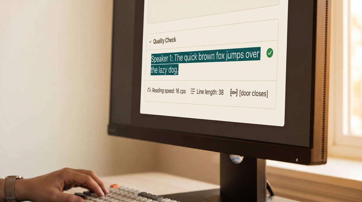 A close-up of a subtitle quality-check panel showing one caption line with reading speed, line length, and an SDH sound cue, marked as passed