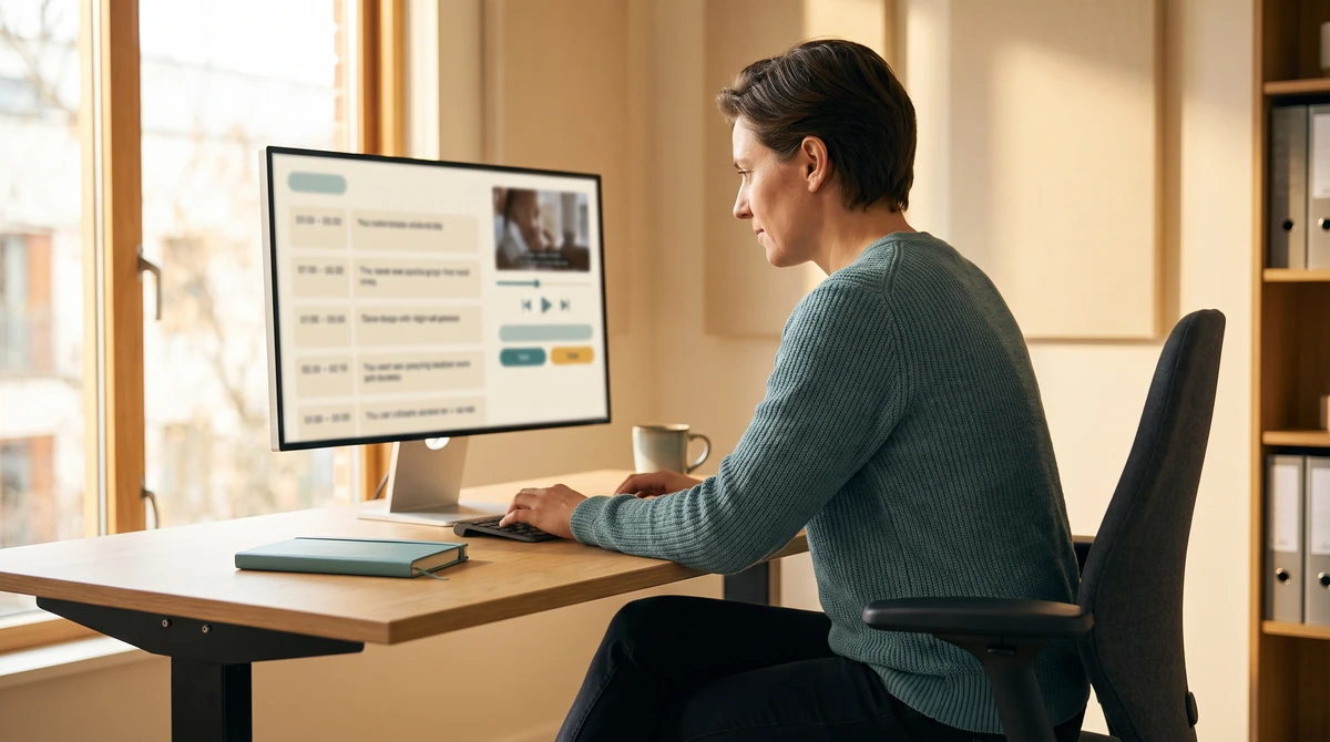 A captioning specialist working through timed caption rows beside a video preview before publication