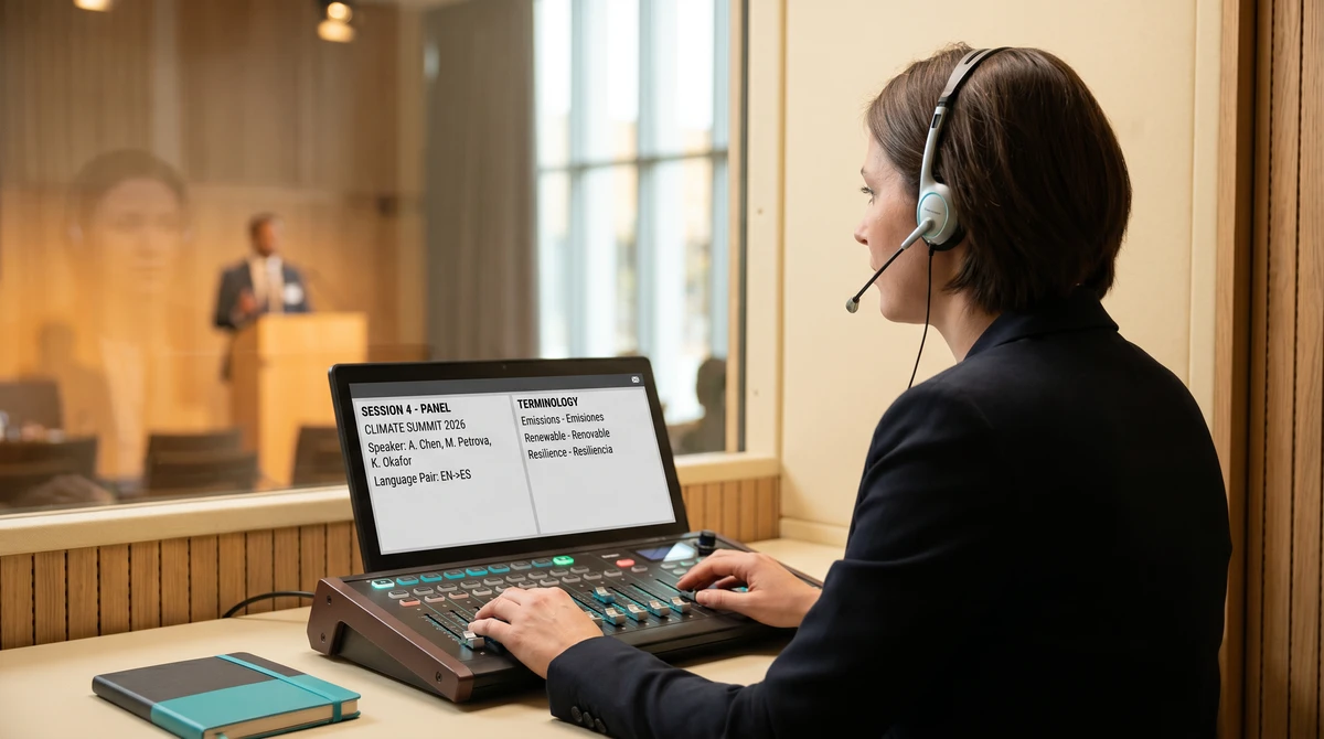 Over-the-shoulder view from inside a warm wood-paneled ISO interpretation booth showing a conference interpreter in lightweight closed-back headphones at an interpretation console with a laptop displaying a session scope panel and a termbase pair strip, and a blurred glass wall behind hinting at the conference room