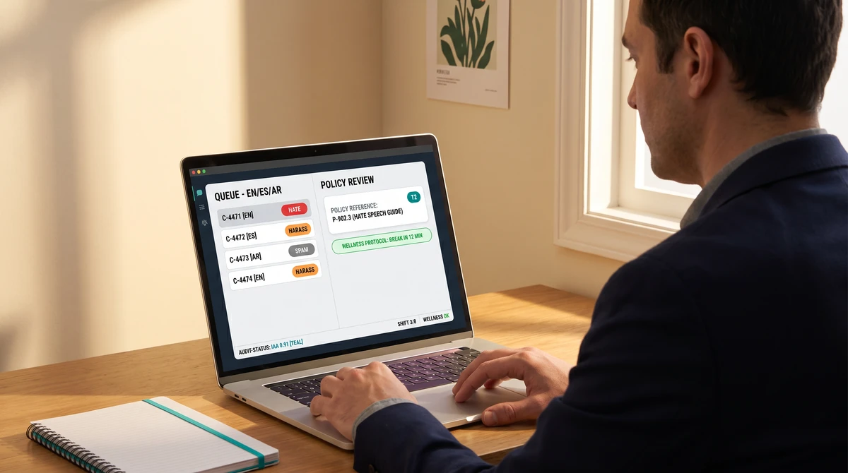 Over-the-shoulder view of a multilingual content moderator at a laptop showing a moderation queue dashboard with anonymized item rows on the left and a policy review card with escalation tier indicator and wellness break countdown on the right, with an IAA score and shift status strip below
