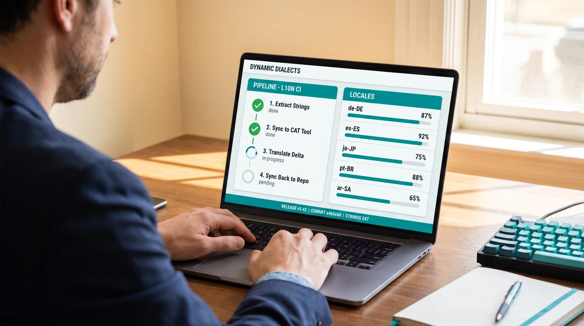 Over-the-shoulder view of a localization engineer at a laptop showing a CI pipeline localization dashboard with 4-stage pipeline progress on the left and a locale list with translation progress percentages on the right, and a release-version status strip below