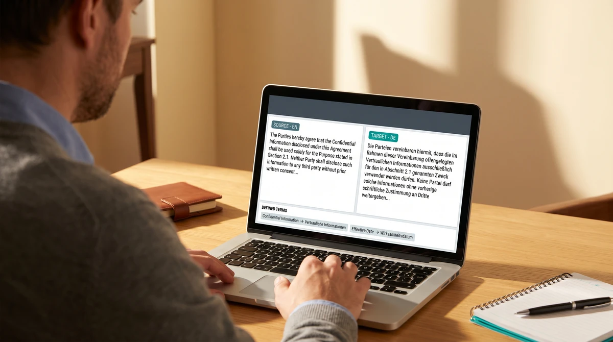 Over-the-shoulder view of a legal translator at a CAT-tool editor on a laptop showing a plausible English contract clause on the left, a target-language translation on the right, and a defined-terms pairs strip below