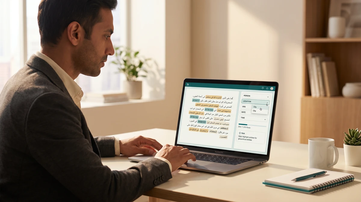A data labeling specialist at a warm desk, focused on a two-pane annotation tool on a laptop, with foreign-script text on the left and a label-category panel on the right.