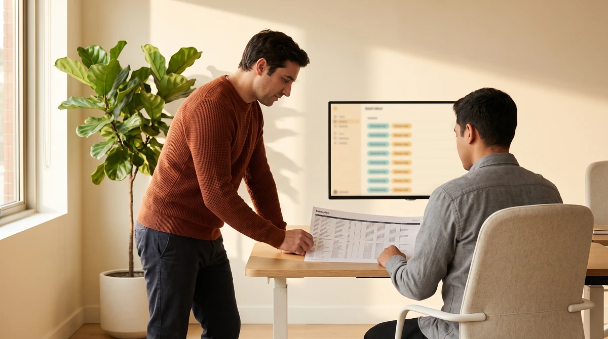 A delivery manager and a colleague reviewing a printed batch plan against the current work queue