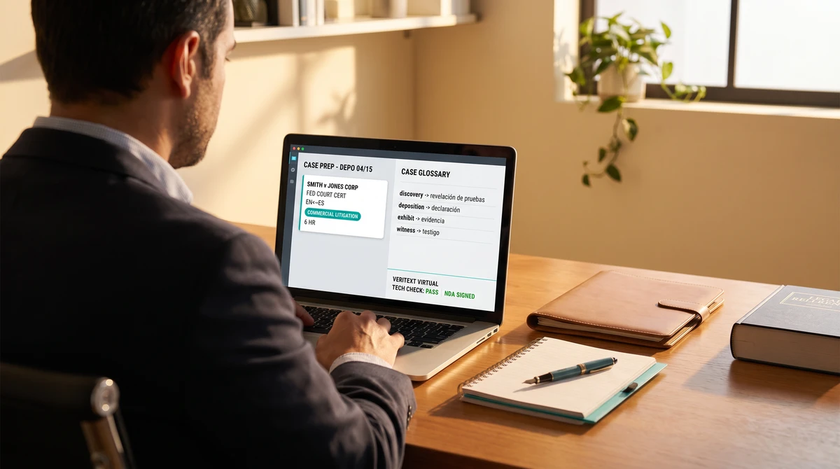 Over-the-shoulder view of a court-certified deposition interpreter at a laptop showing a case prep dashboard with case summary and certification tag on the left and a legal-glossary pairs list on the right, with a video deposition platform status strip below