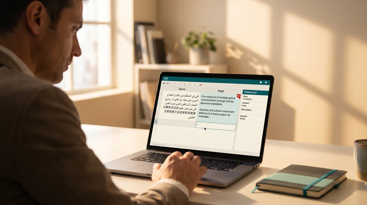 A professional translator at a warm desk, focused on a CAT tool on a laptop showing a two-column source/target editor with foreign-script source text and a terminology panel.