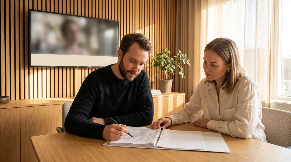 A dubbing director and voice actor reviewing a printed dialogue script together before a take