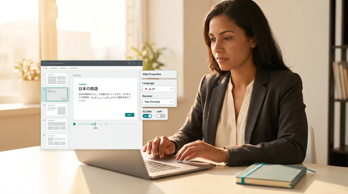A course developer at a warm desk, focused on a course-authoring tool on a laptop showing a slide thumbnail list, a localized slide canvas with foreign-script instructional text and a voice-over waveform, and a properties panel with language and SCORM/xAPI export options.