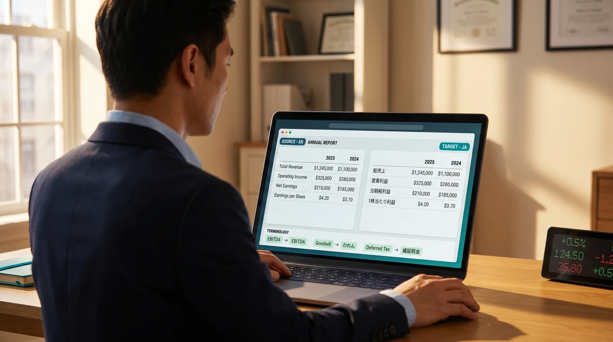 Over-the-shoulder view of a financial translator at a laptop showing a side-by-side annual report translation with English source financial table on the left, Japanese target translation preserving numeric columns on the right, and a financial-terminology pairs strip below