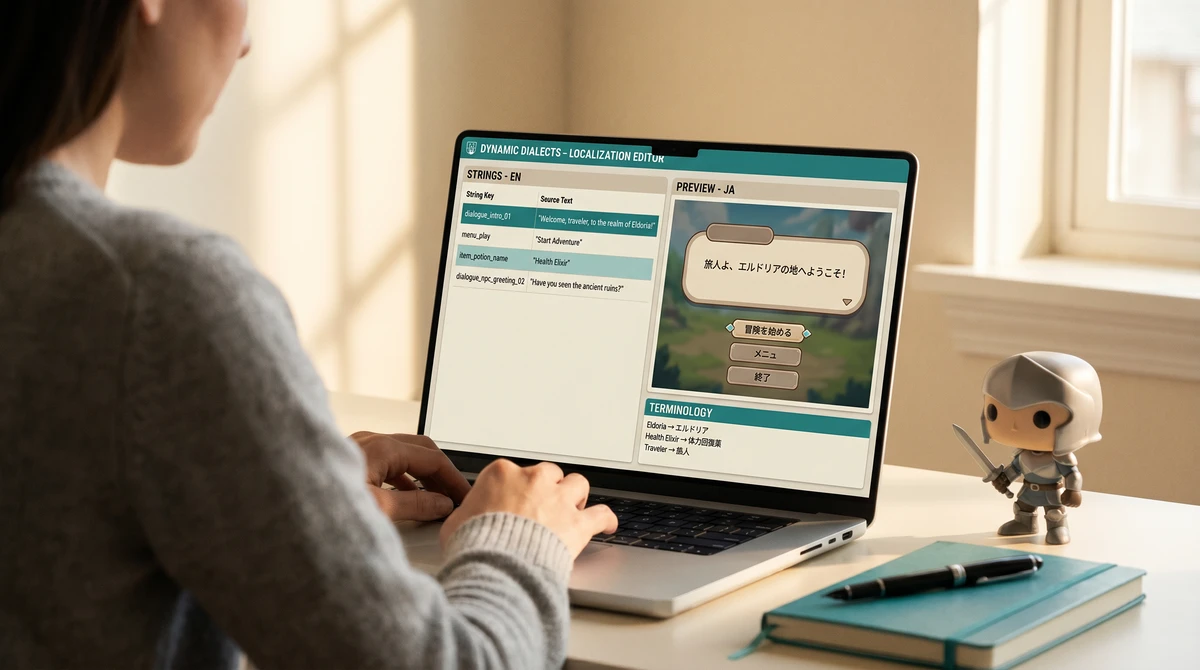 Over-the-shoulder view of a game localization translator working in a game-engine localization editor on a laptop, showing a string list with localization keys and English source text on the left, a small in-game UI preview with the localized Japanese text on the right, and a character-name termbase strip below