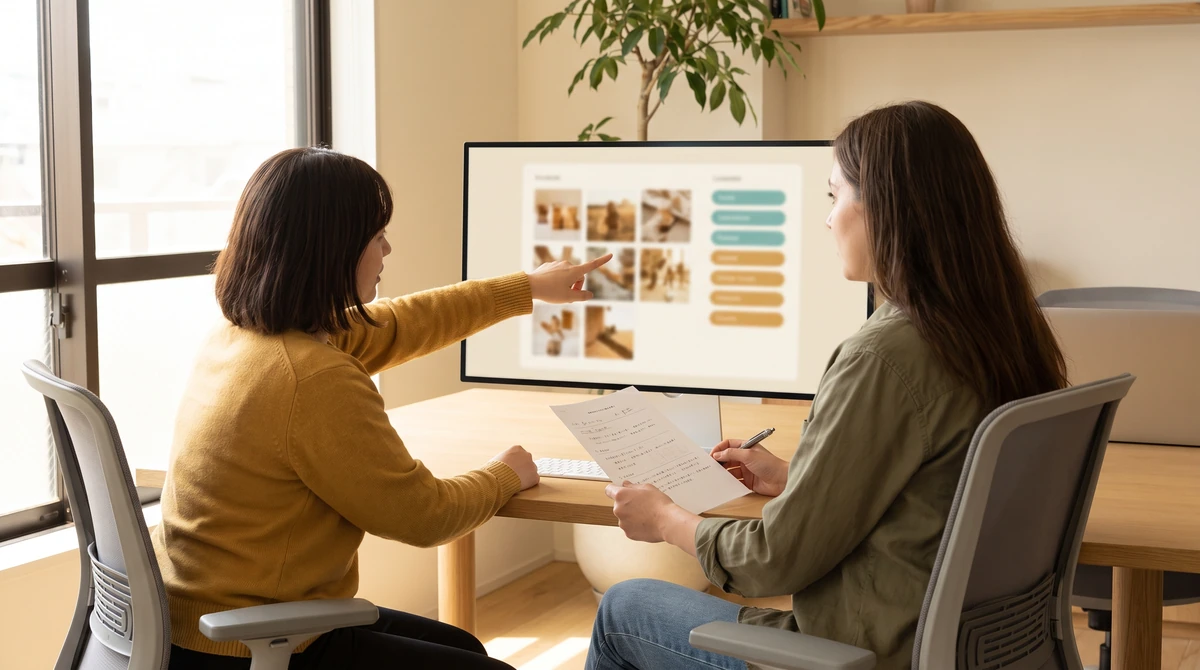 Two annotation reviewers working through a labelling review queue of image thumbnails against a category list