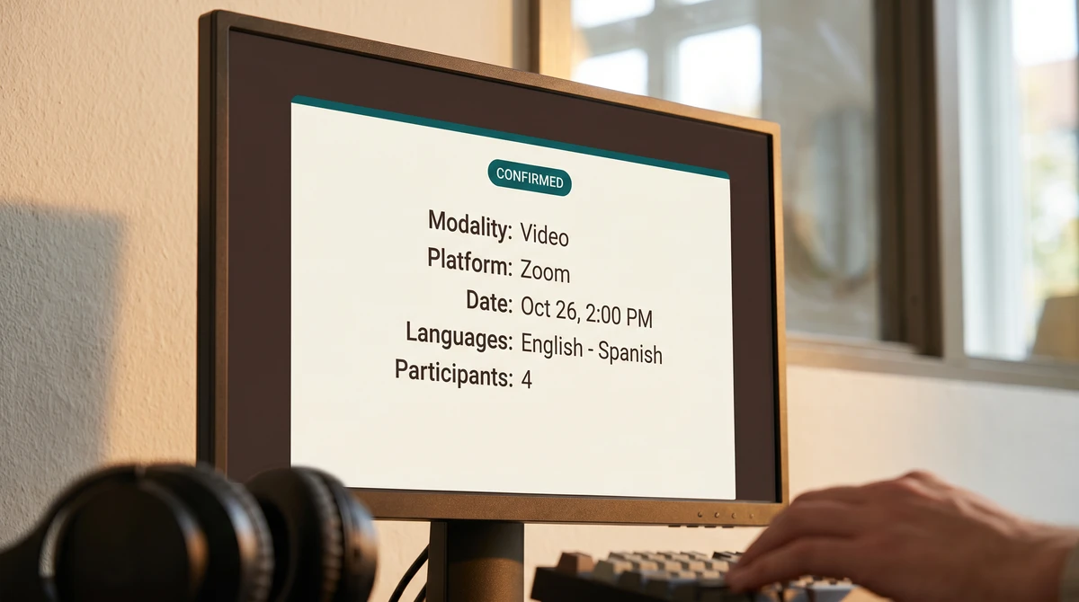 A close-up of an interpretation confirmation screen showing modality, platform, date, language pair, and participant count, with a confirmed status badge