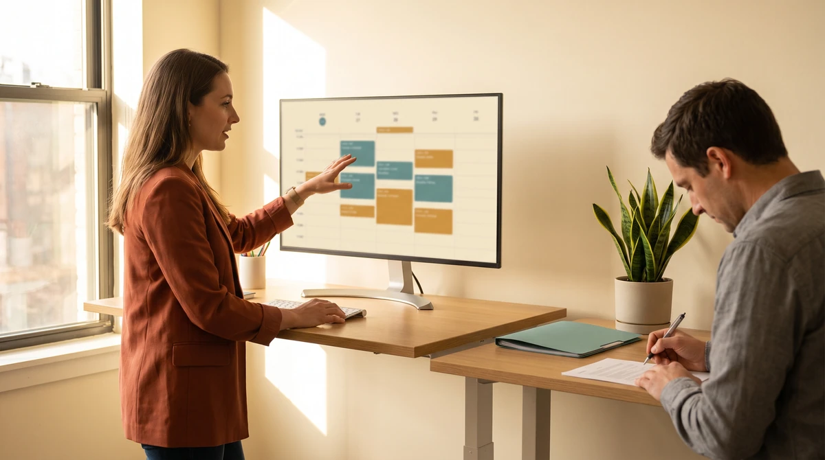 A scheduling coordinator reviewing an interpreter booking calendar while a colleague annotates a printed request sheet