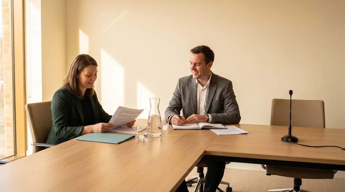 Two legal professionals preparing case papers at a conference table with an interpreter position set beside them