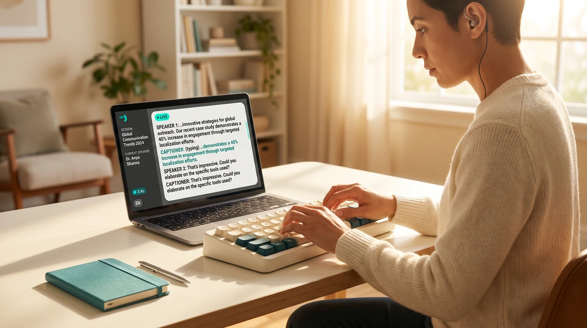 A professional stenocaptioner at a warm desk typing on a steno keyboard with a laptop showing a simple live-caption dashboard with a scrolling live caption stream and a thin session info strip on the left, wearing a discreet single-ear audio monitor