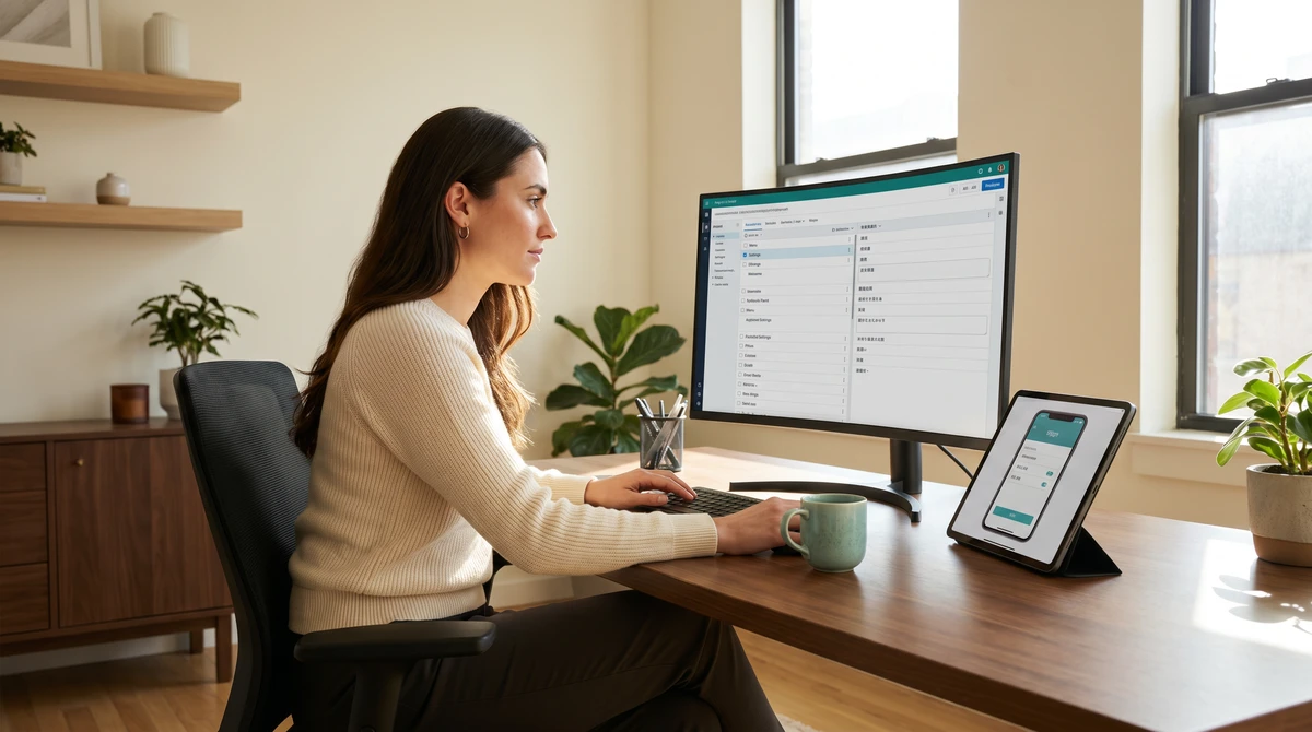 A localization specialist in a bright office working in a localization tool, source strings beside a live app preview