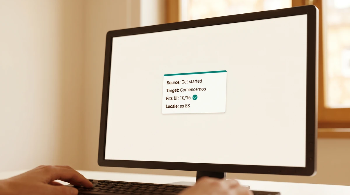 A close-up of a localization editor checking a UI string for character fit, showing source, target, a fits-in-UI count, and locale, marked as fitting