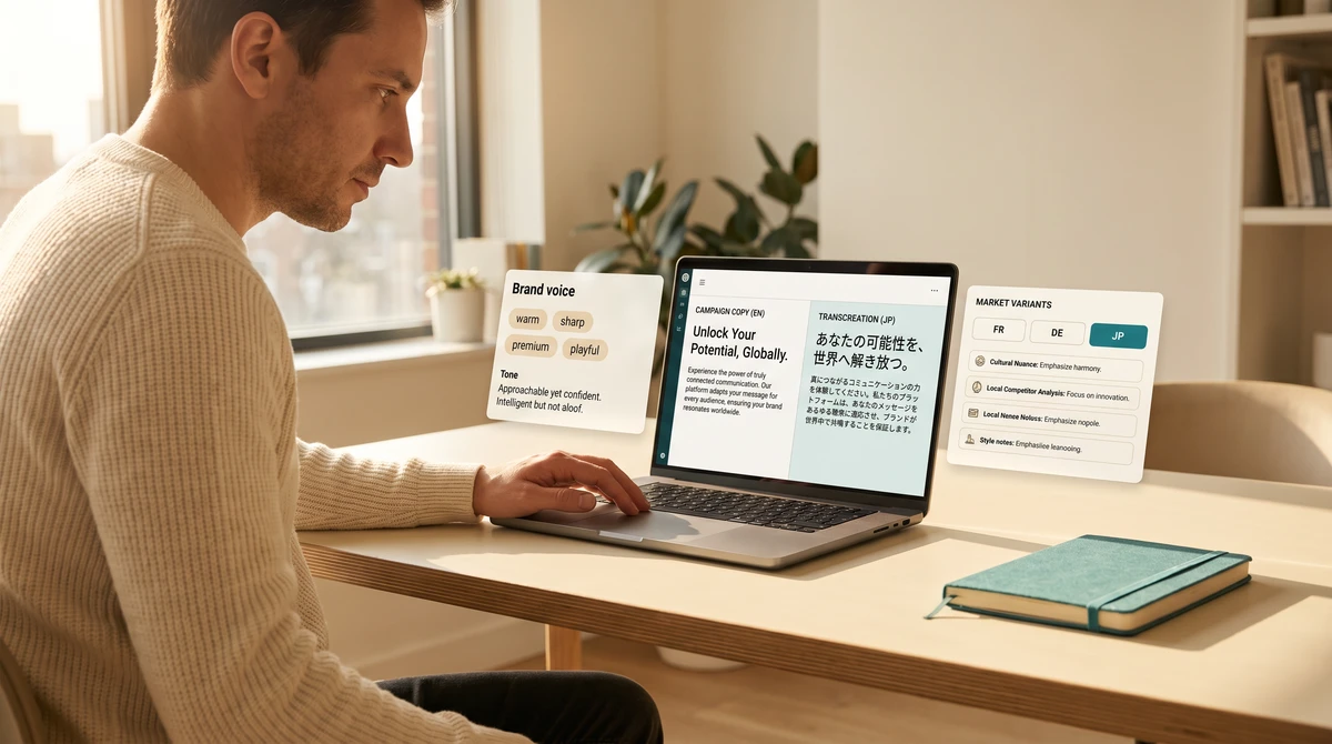 A marketing copywriter at a warm desk, focused on a brand-voice campaign editor on a laptop showing brand-voice tone-word chips, side-by-side source and target-language campaign copy, and per-market variant locale tabs.