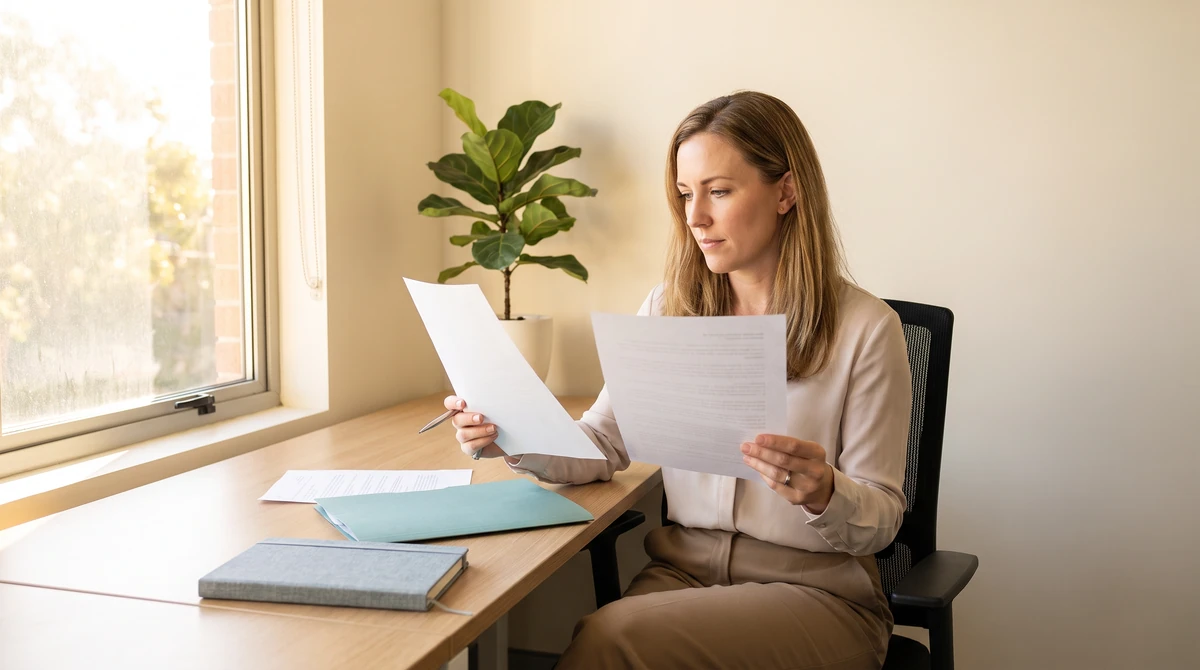 A reviewer holding a record page and its translation to the window light to compare details side by side
