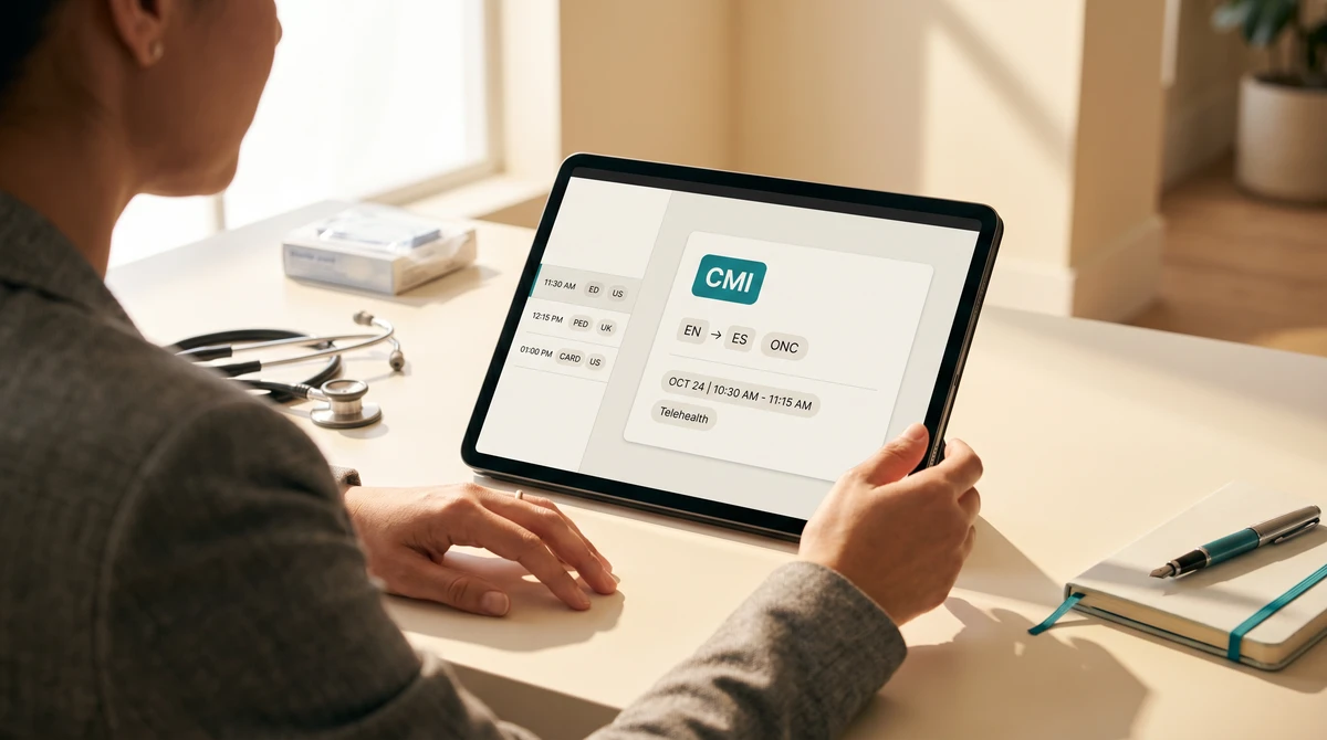 Over-the-shoulder view of a medical interpreter reviewing an encounter summary card on a tablet showing a CMI credential badge, EN to ES language pair, an ONC clinical setting tag, and a Telehealth encounter type, with a stethoscope resting at the edge of the warm desk and a teal-accented notebook nearby
