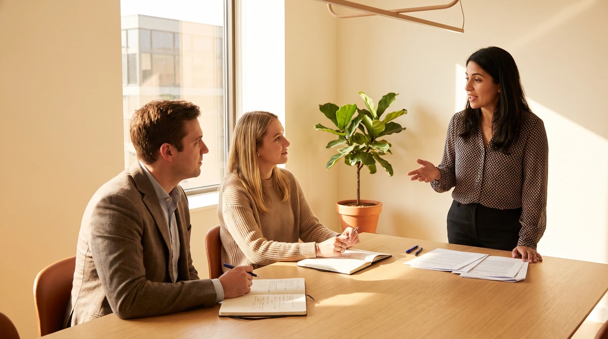 An on-site interpreter relaying between two participants during a meeting while they face each other