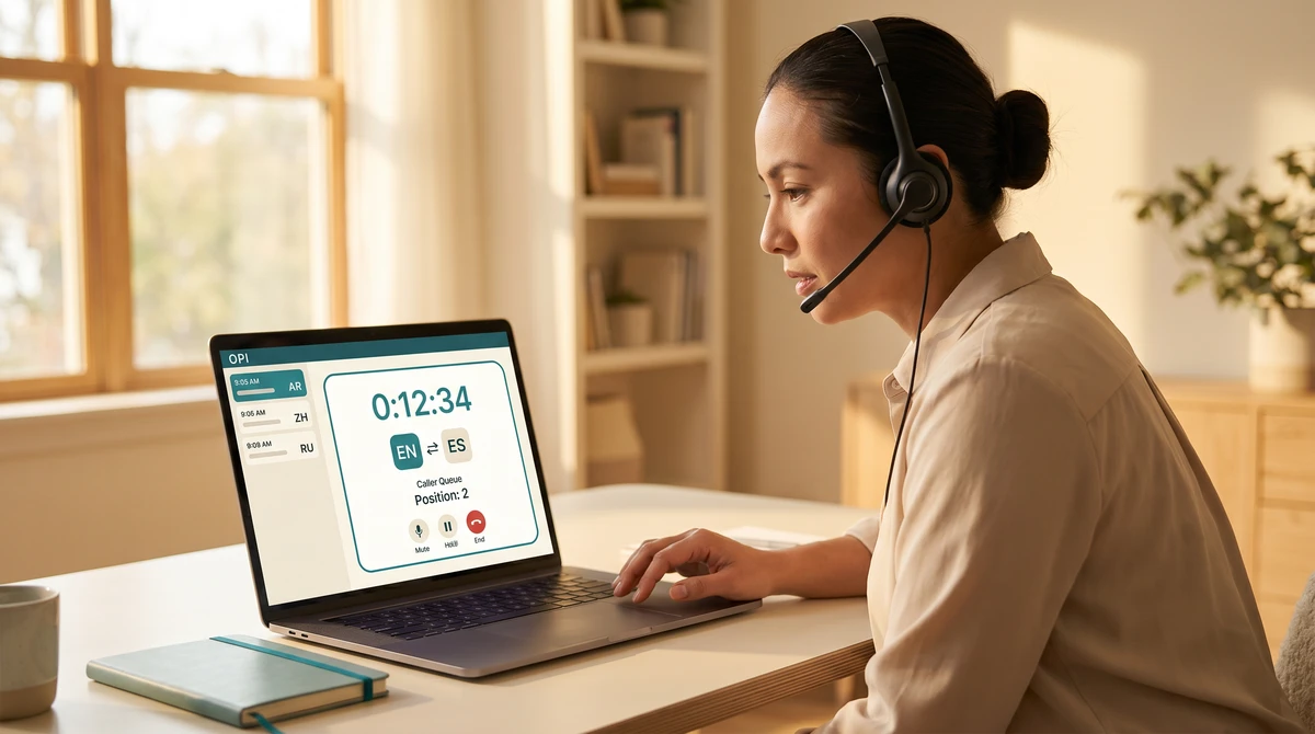 A phone interpreter at a warm desk wearing a discreet over-ear headset with mic, focused on a simple phone-interpreter dashboard on a laptop showing an active call panel with timer and language pair badge plus a thin upcoming-call queue strip on the left