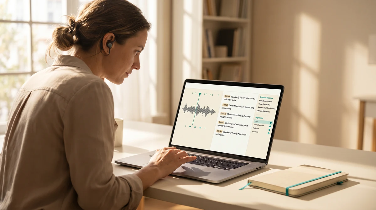 A podcast transcriber at a warm desk wearing on-ear headphones, focused on a transcription editor on a laptop showing an audio waveform with playback head, speaker-labeled transcript paragraphs with timestamps, and a speaker-glossary panel.
