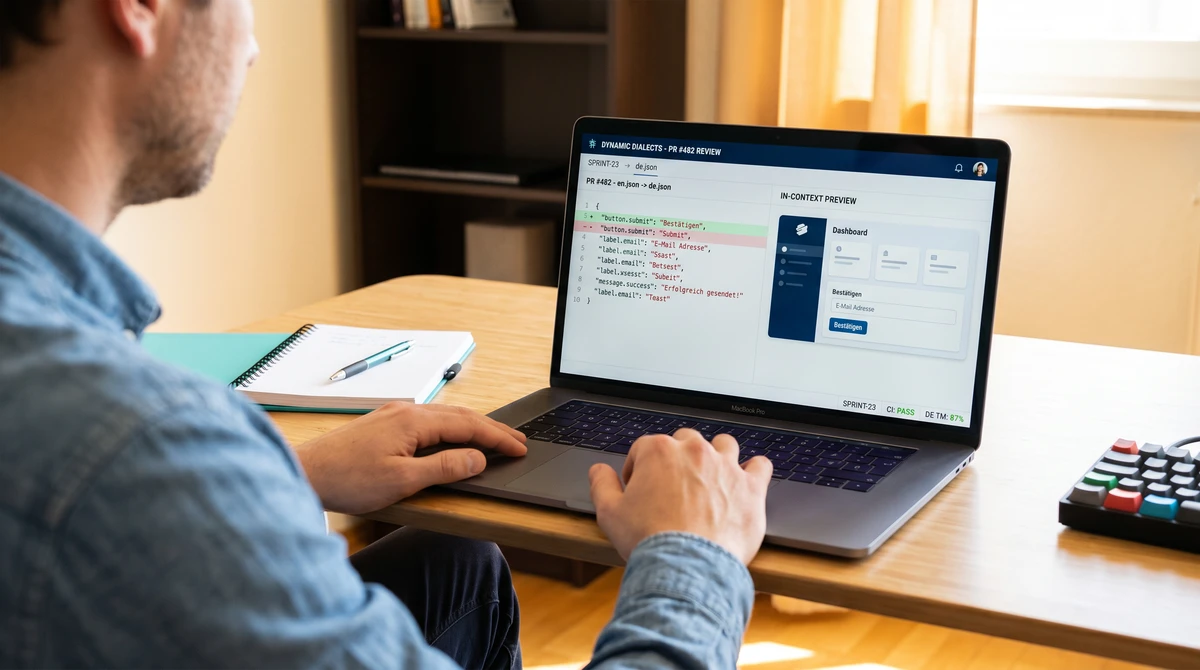 Over-the-shoulder view of a SaaS localization manager at a laptop showing a Git pull-request diff with English-to-German string changes on the left, an in-context UI preview of the localized SaaS app on the right, and a sprint-status strip below