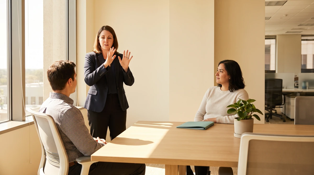 An American Sign Language interpreter signing to a seated participant during a workplace meeting