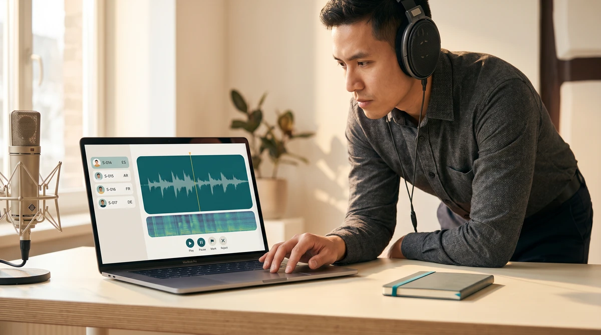 A recording engineer at a warm desk reviewing one speech clip on a laptop showing a simple audio-review dashboard with a waveform and playback controls plus a thin speaker-queue strip on the left, with a calibrated condenser microphone visible at the edge of the frame