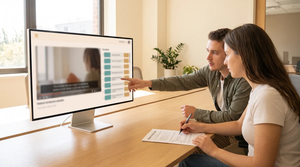 Two reviewers checking translated caption rows against the video and a printed reading-speed guide